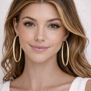 Artisan Modernist Medium Hoop Earrings Gold with Pave CZs